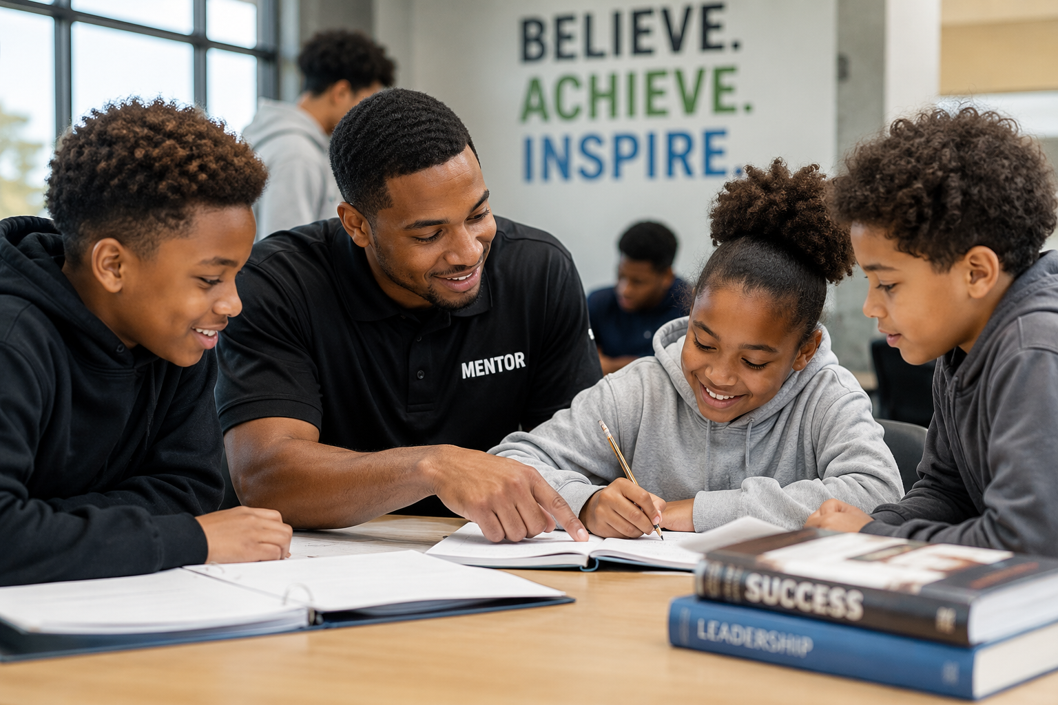 A mentor helping children with schoolwork in a community learning setting